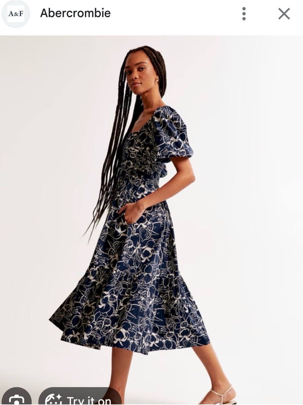 Abercrombie & Fitch Emerson Navy and Ivory Fruity Puff-Sleeve Midi Dress